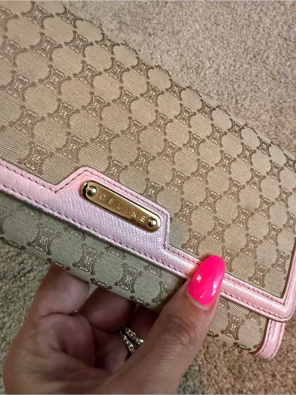 CELINE Macadam Monogram Long Wallet Pink Trim